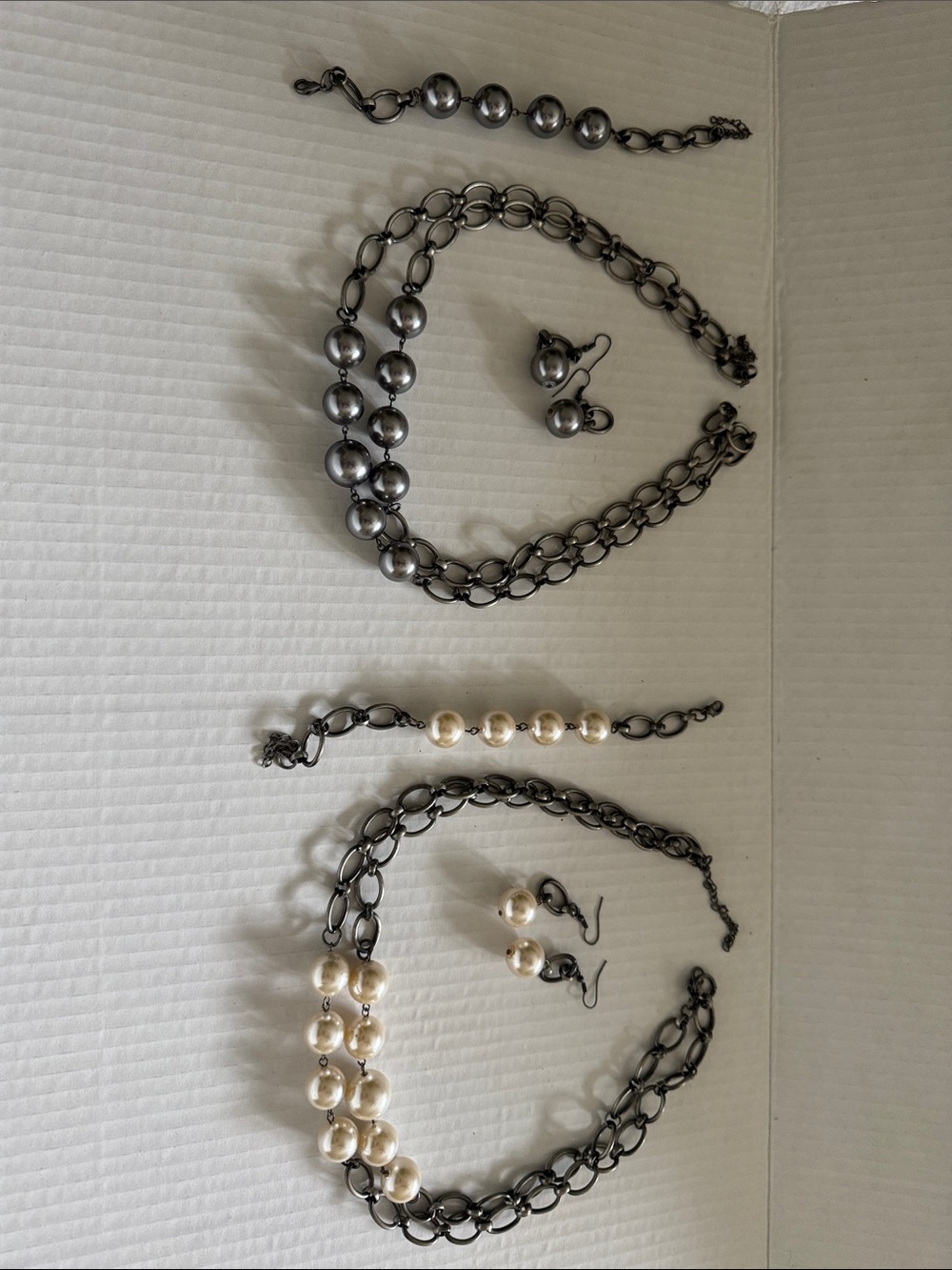 Gunmetal and Pearl Double-Chain Necklace Set - Women's Jewelry
